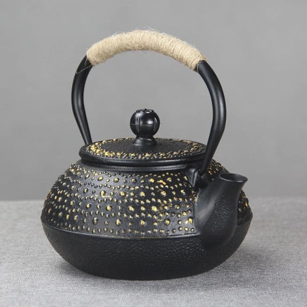 Black hammered teapot with gold dots — view 2